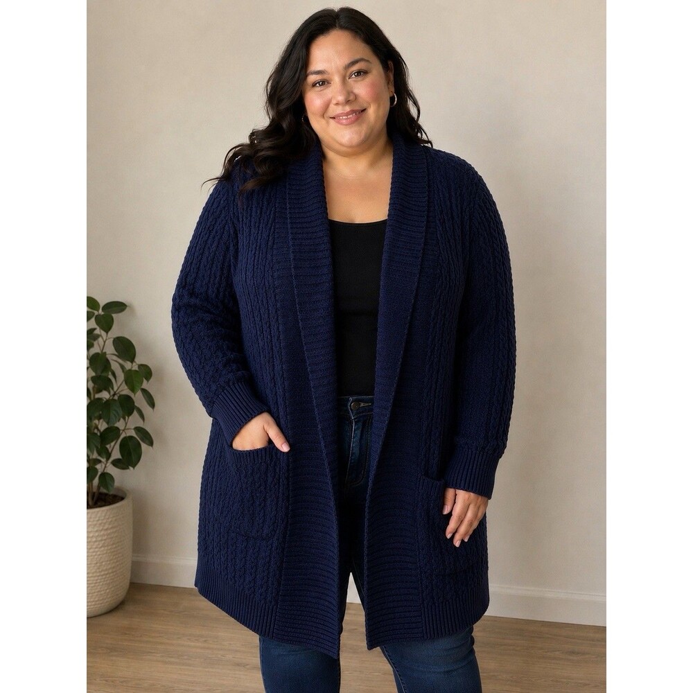 Leo & Nicole Long Cardigan Sweater Womens XXL Blue Open Cable Knit Career Cozy